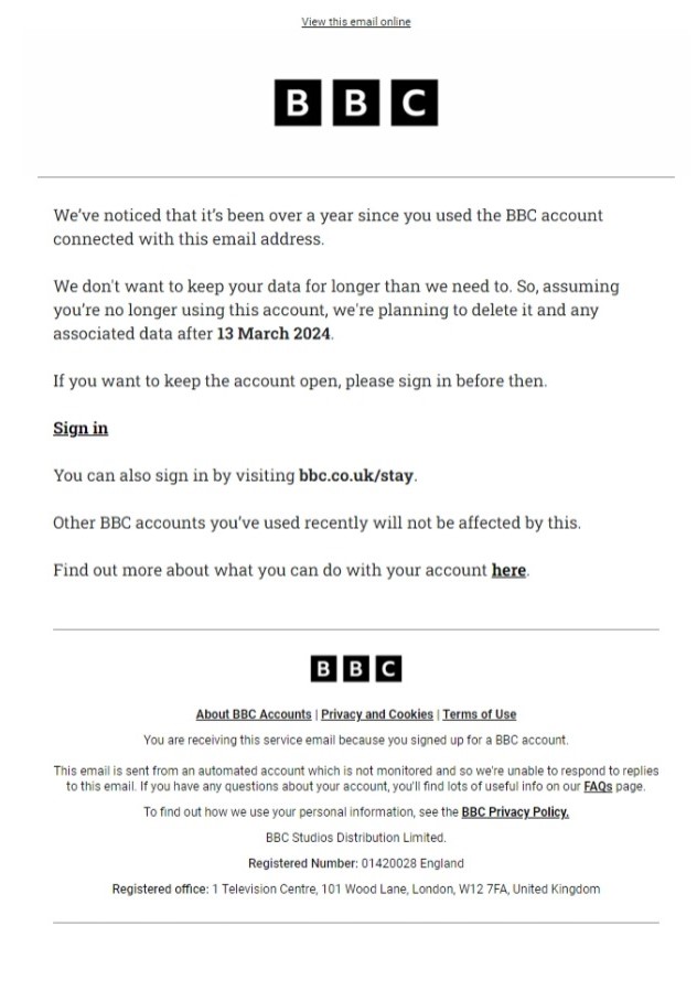 Image of international BBC Account deletion email